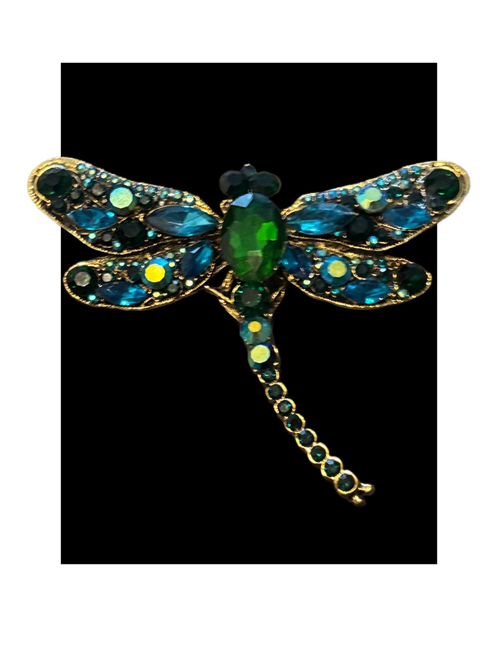 Blue and Green Dragonfly Brooch set in Gold- tone
